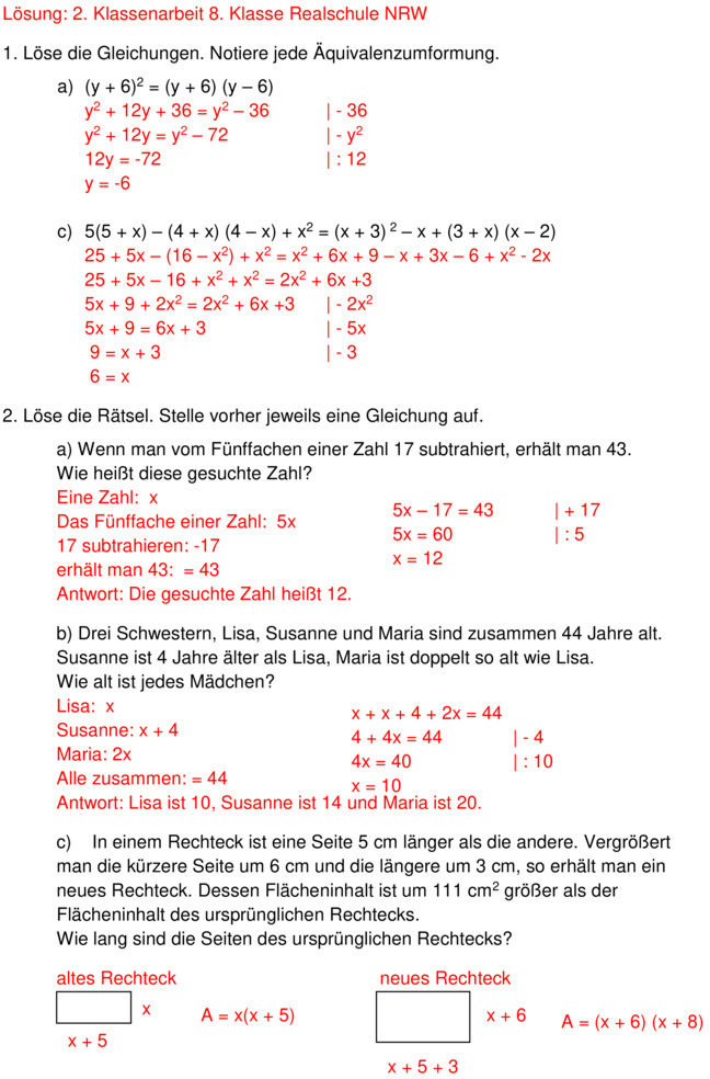 Mathe Terme Klasse 8 übungen Mit Lösungen Klassenarbeit zu Terme und Gleichungen [8. Klasse]