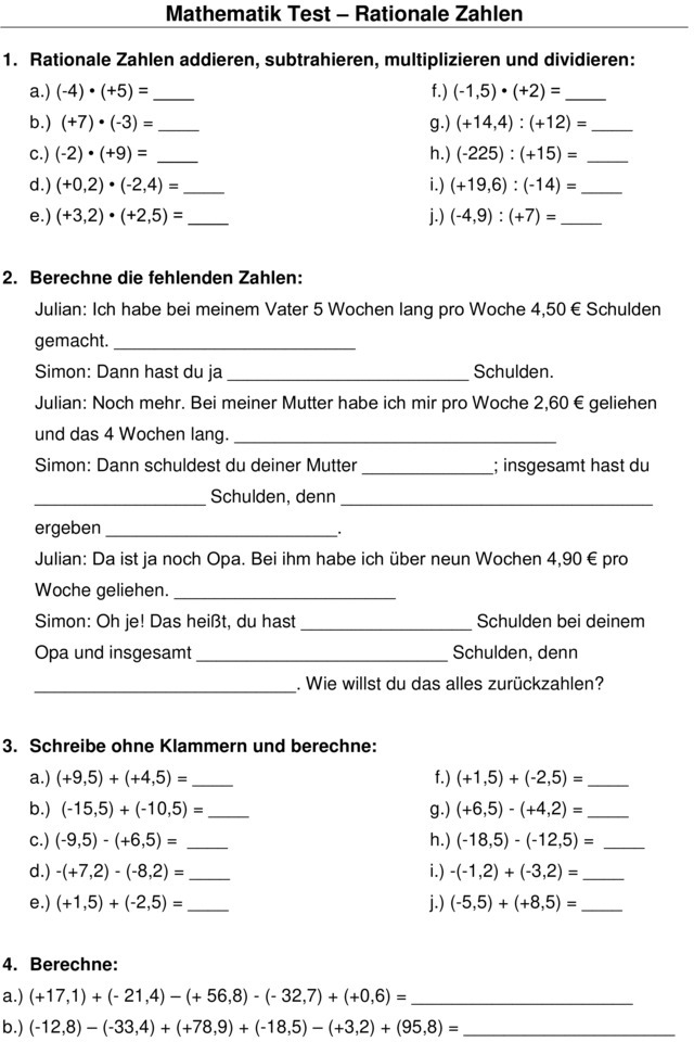 Klassenarbeit zu Rationale Zahlen [8. Klasse]