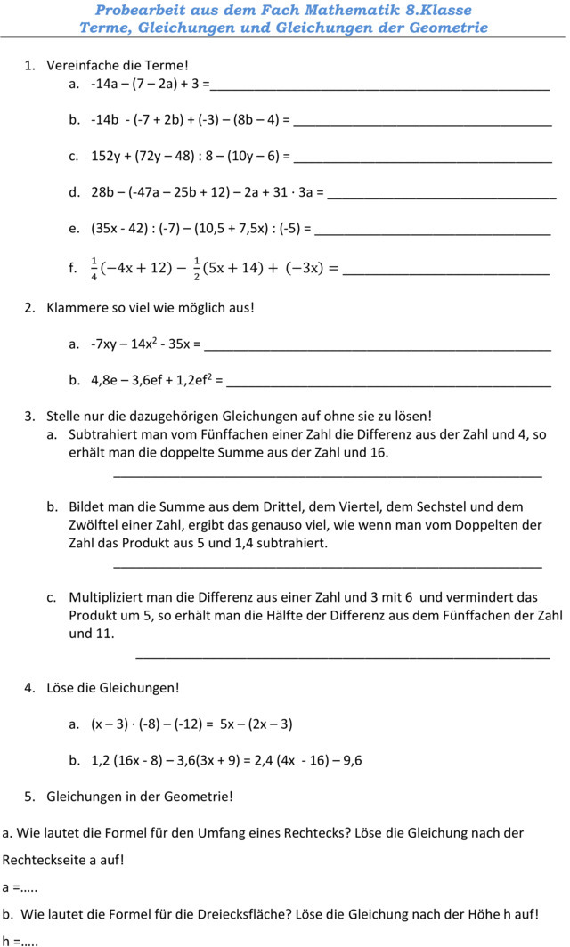 Klassenarbeit Zu Terme Und Gleichungen 8 Klasse 