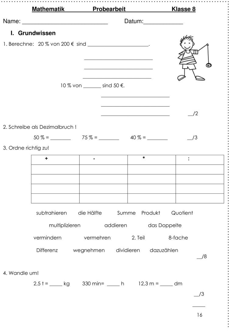 Klassenarbeit zu Schuljahresbeginn [Mathe 8. Klasse]