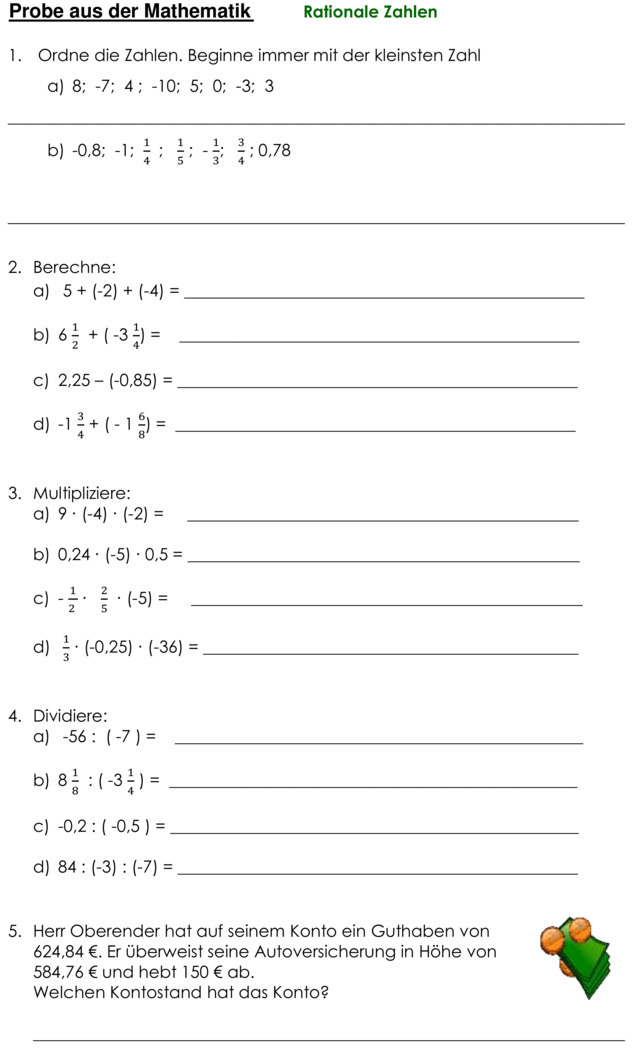 Klassenarbeit zu Rationale Zahlen [8. Klasse]