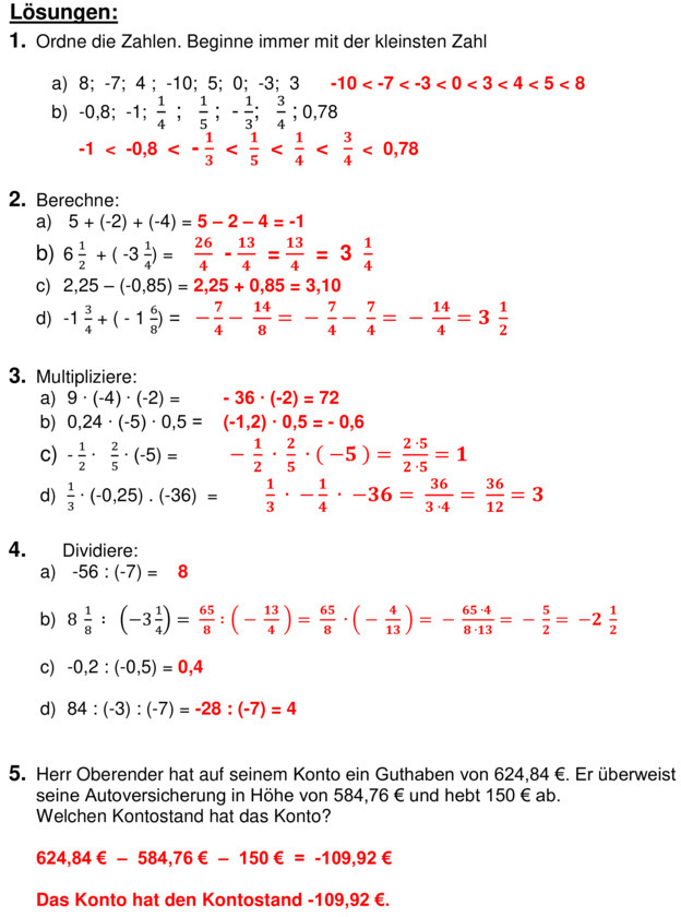 Klassenarbeit zu Rationale Zahlen [8. Klasse]