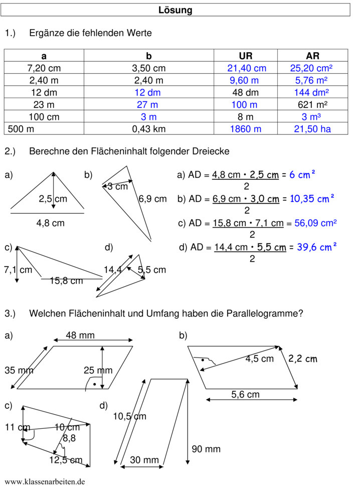 Klassenarbeit zu Flächen und Volumen [8. Klasse]