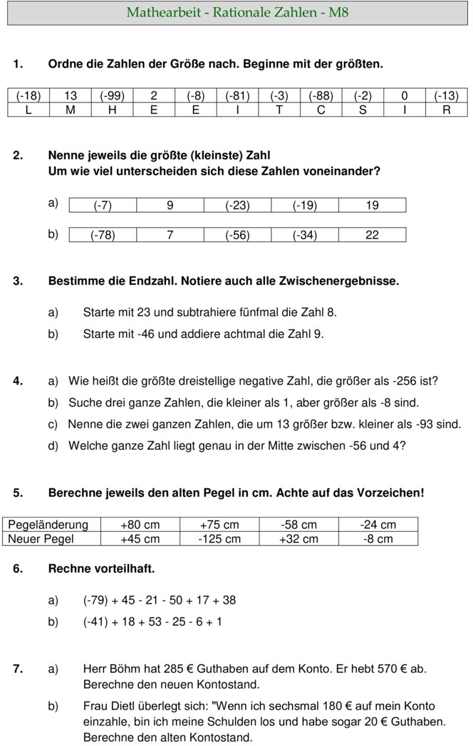 Klassenarbeit Zu Rationale Zahlen – GWXSJ