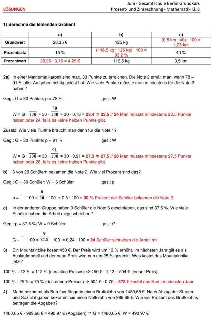 Klassenarbeit zu Prozentrechnen [8. Klasse]