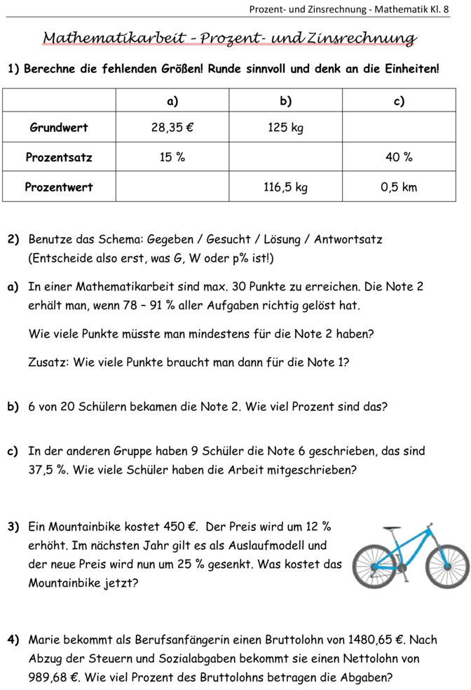 Klassenarbeit zu Prozentrechnen [8. Klasse]