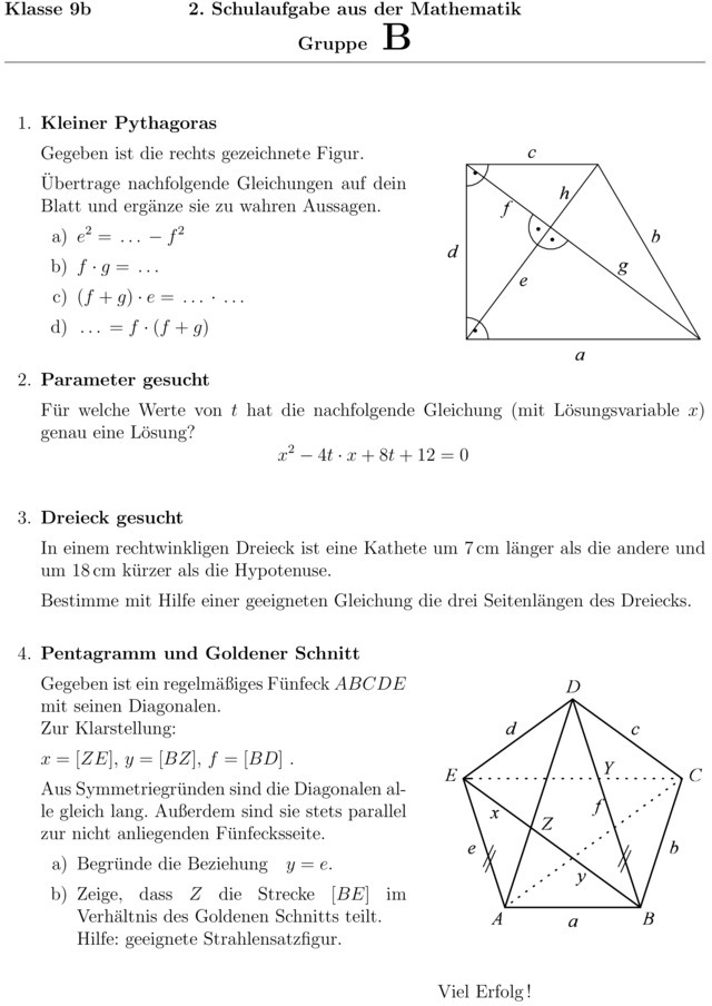 Klassenarbeit Satz Des Pythagoras Klassenarbeit zu Satz des Pythagoras