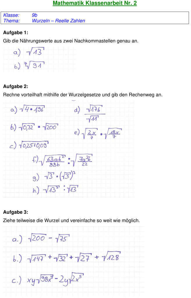 Klassenarbeit zu Wurzeln - Reelle Zahlen