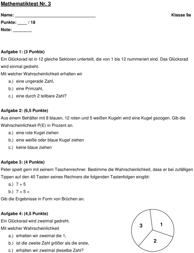 Aufgaben Zu Wahrscheinlichkeitsrechnung Mit Lösung Klassenarbeit zu Wahrscheinlichkeitsrechnung