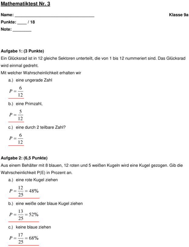 Wahrscheinlichkeitsrechnung Aufgaben Mit Lösung Pdf Klasse 8 Klassenarbeit zu Wahrscheinlichkeitsrechnung