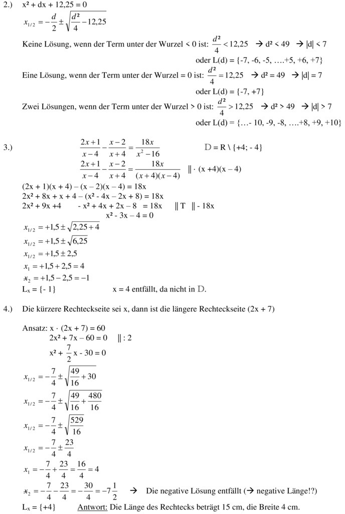 Klassenarbeit Zu Quadratische Gleichungen