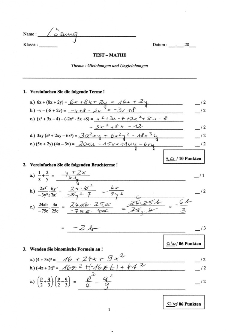 Klassenarbeit zu Abschlussarbeit Mathe 9. Klasse