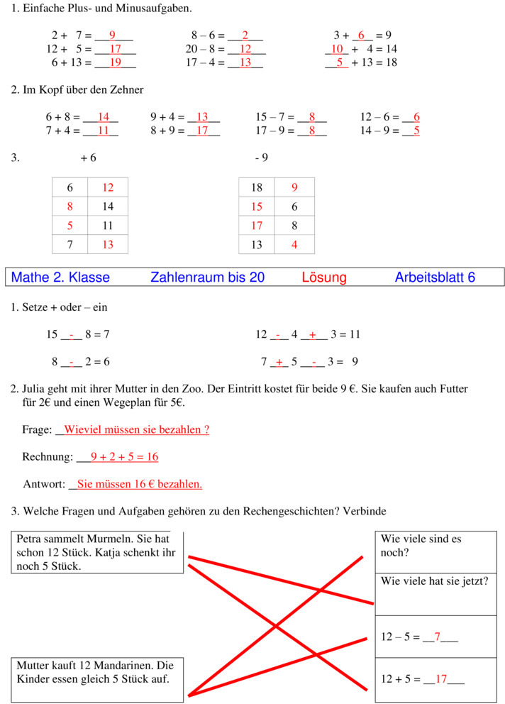 Übungsblatt zu Plus und Minus ohne Zehnerübergang