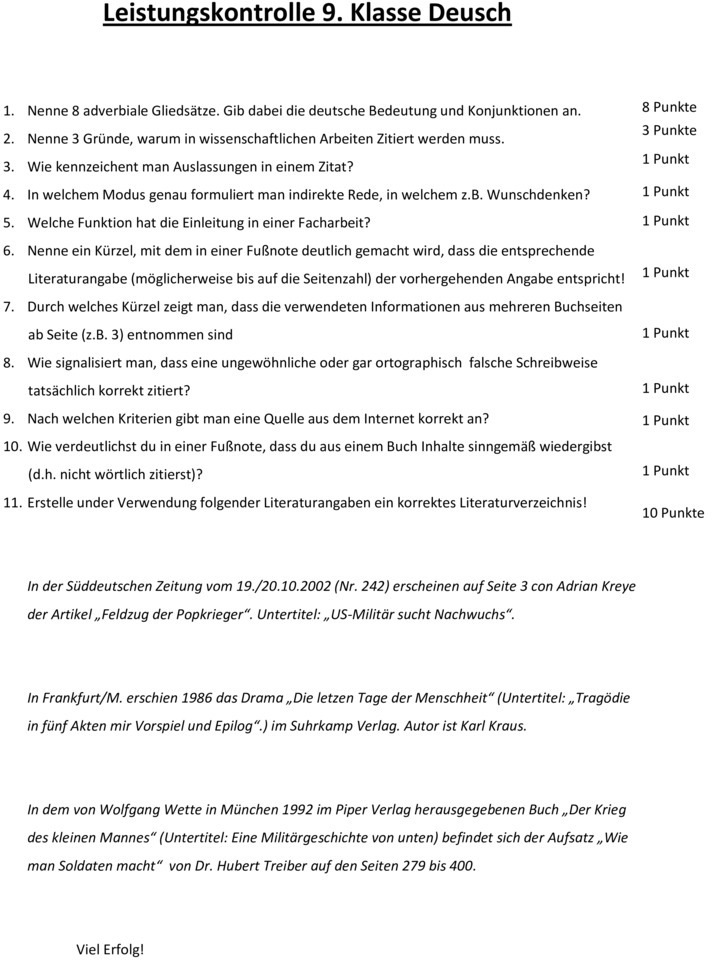 Klassenarbeit zu Grammatik [Deutsch 9. Klasse]