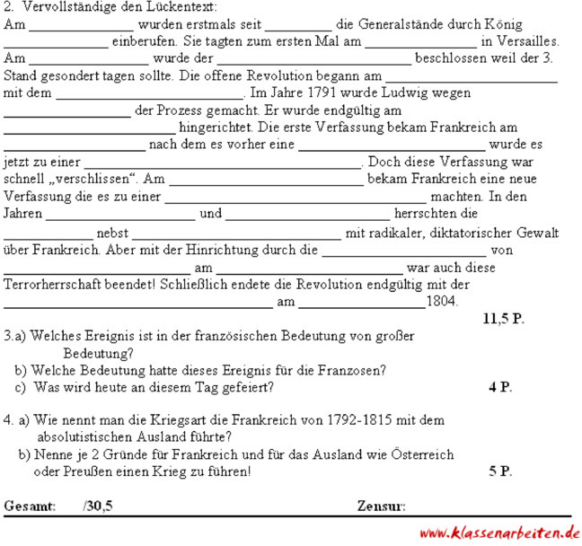 Klassenarbeit Französisch Klasse 8 Gymnasium Decouvertes 3 Klassenarbeit zu Französische Revolution