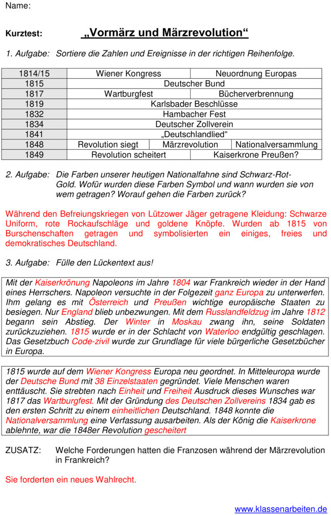 Klassenarbeit zu VormÃ¤rz und MÃ¤rzrevolution