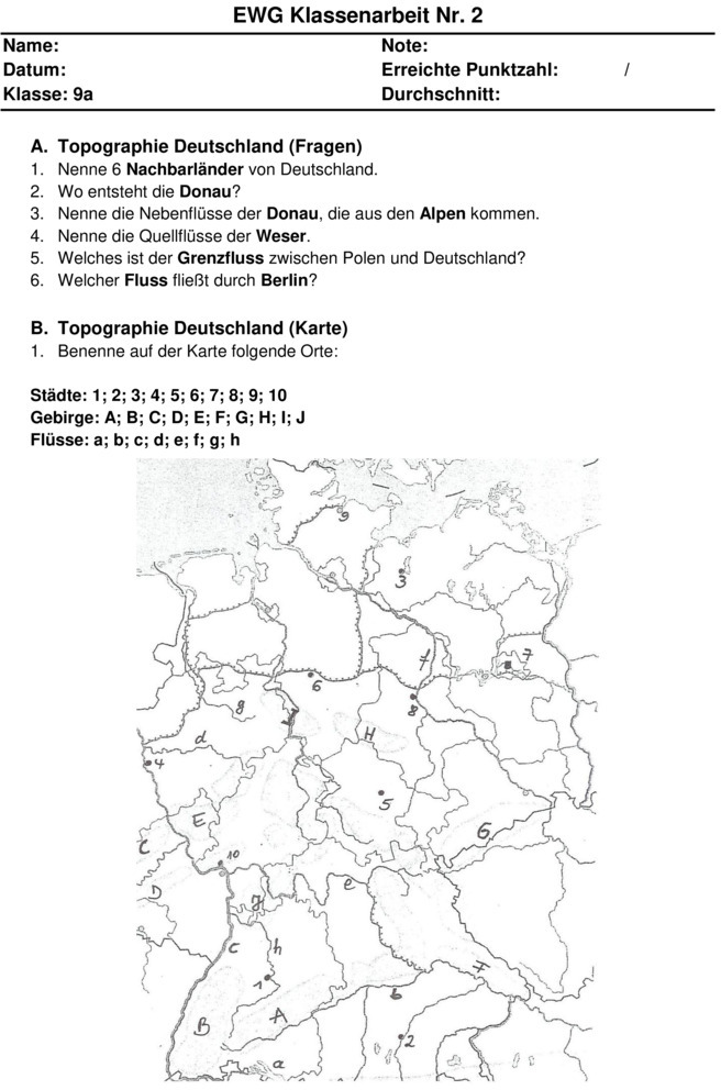 Flüsse Deutschland Arbeitsblatt Mit Lösungen Klassenarbeit zu Topographie Deutschland