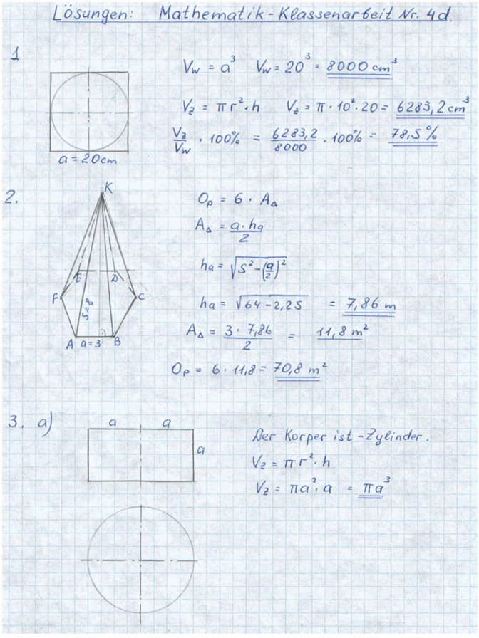 Klassenarbeit zu Geometrische Körper [10. Klasse]