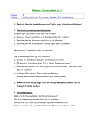 2. Klassenarbeit [Religion 9. Klasse] 4249 Vorschau