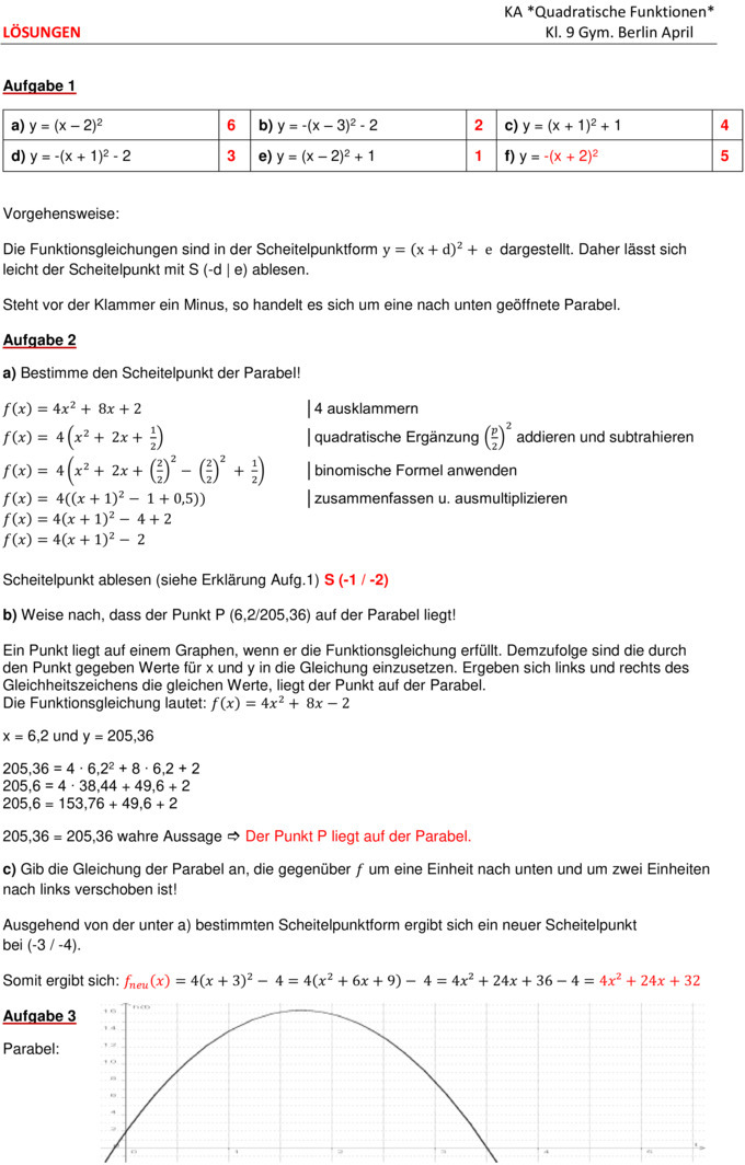 Quadratische Funktionen Aufgaben Mit Lösungen Klasse 10 Pdf Klassenarbeit zu Quadratische Funktionen