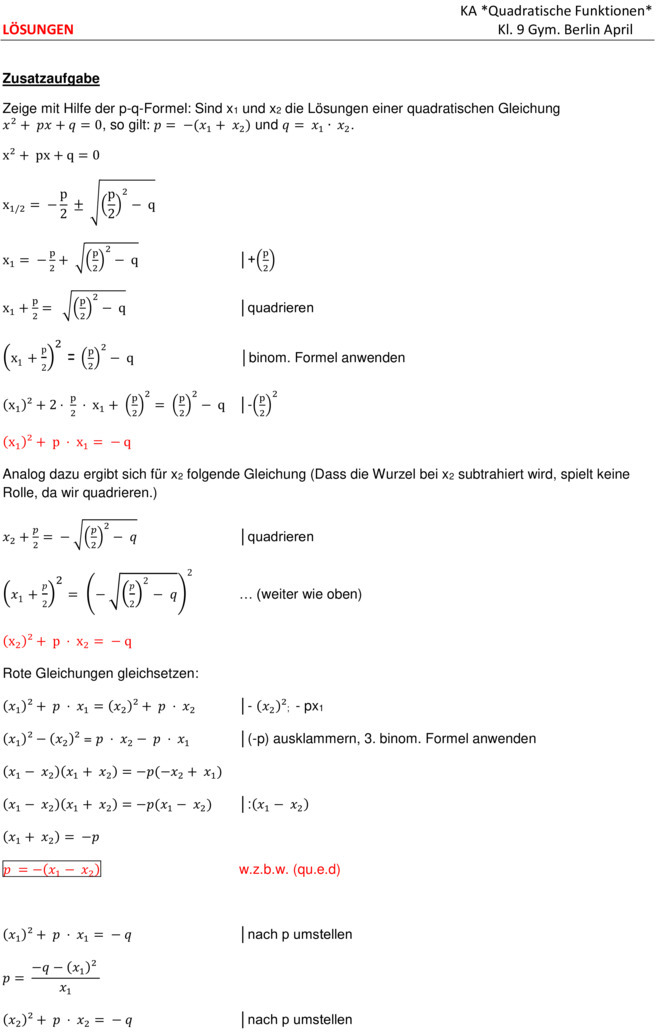 Quadratische Funktionen Aufgaben Mit Lösungen Klasse 9 Klassenarbeit zu Quadratische Funktionen
