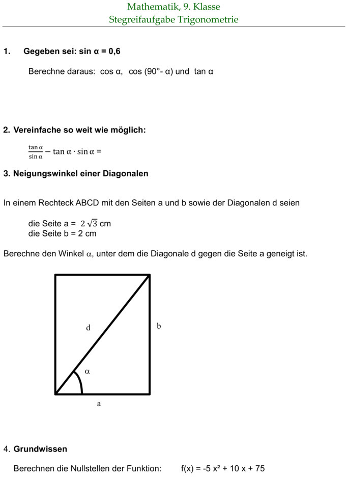 Trigonometrie Arbeitsblätter Mit Lösungen Klassenarbeit zu Trigonometrie