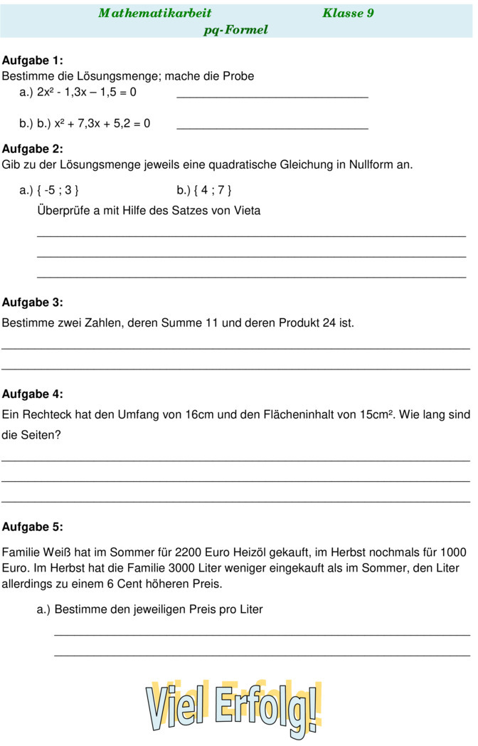 Klassenarbeit zu Quadratische Gleichungen