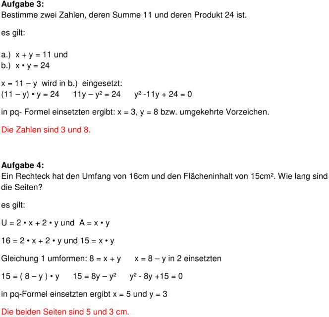 Klassenarbeit zu Quadratische Gleichungen