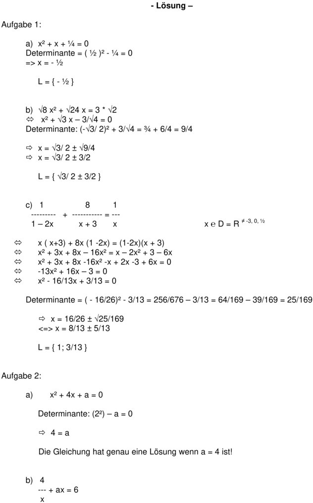 Quadratische Gleichungen Aufgaben Mit Lösungen Klasse 9 Pdf Klassenarbeit zu Quadratische Gleichungen
