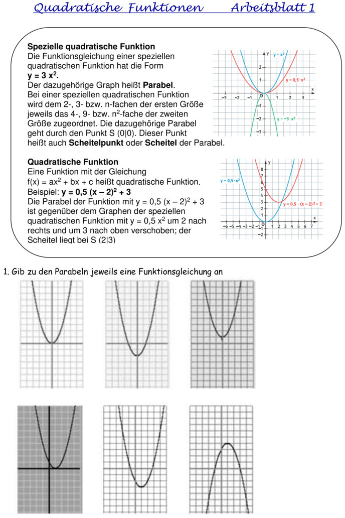 Schnittpunkt Berechnen Quadratische Funktionen Aufgaben Mit Lösungen Übungsblatt zu Quadratische Funktionen