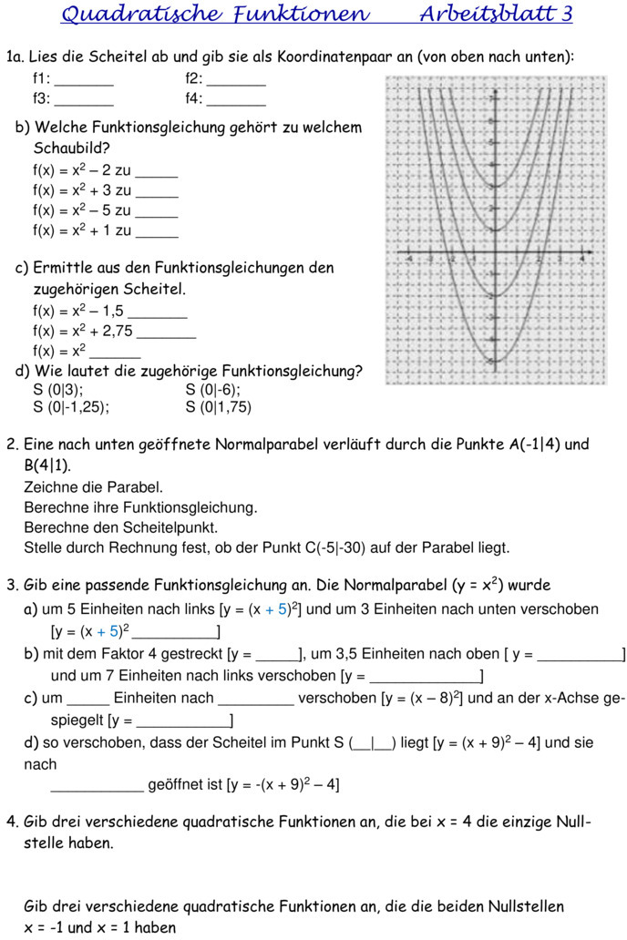 Aufgaben Quadratische Funktionen Mit Lösungen Übungsblatt zu Quadratische Funktionen