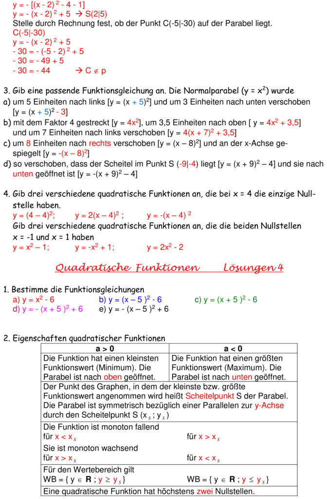 Aufgaben Quadratische Funktionen Mit Lösungen Übungsblatt zu Quadratische Funktionen