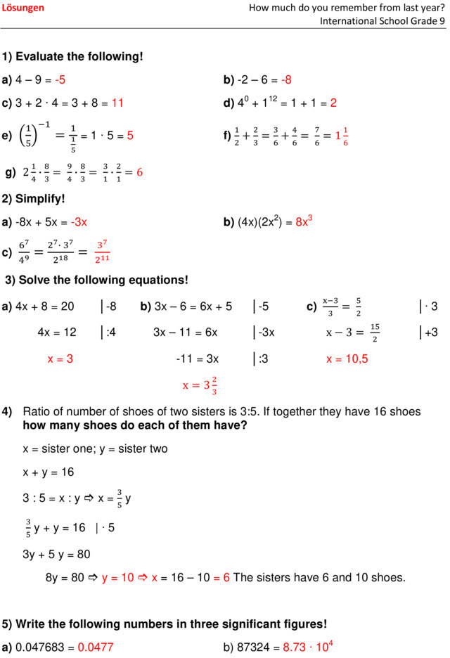 Klassenarbeit zu Schuljahresbeginn [Mathe 9. Klasse]