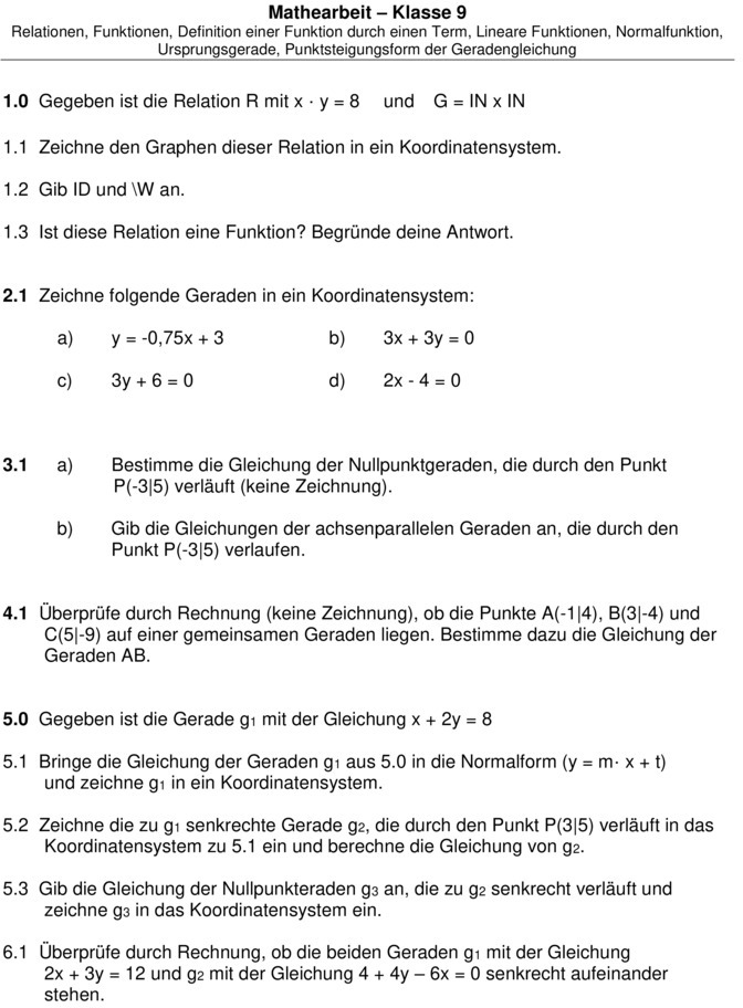 Mathe 9 Klasse Gymnasium Aufgaben Mit Lösungen Klassenarbeit zu Lineare Funktionen [9. Klasse]