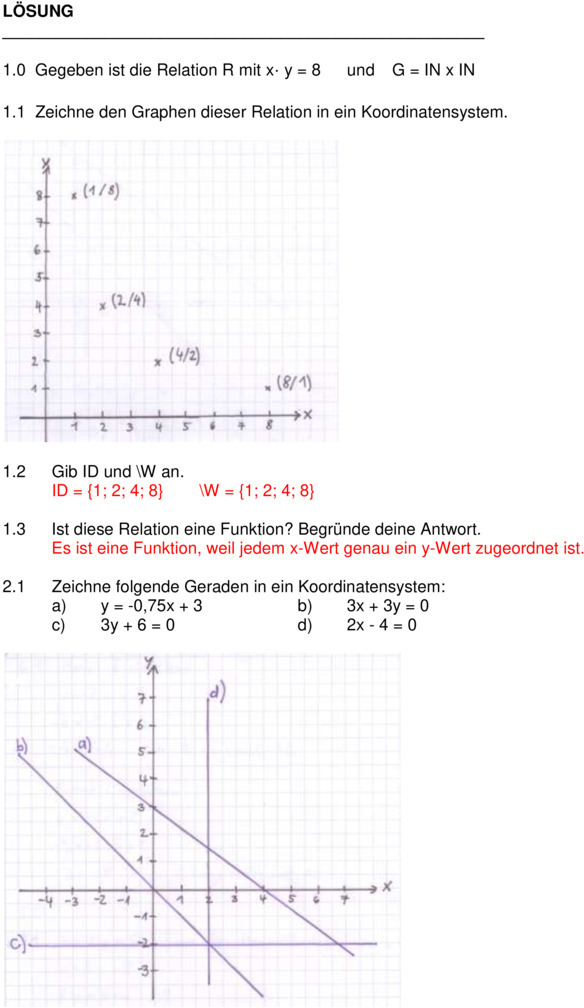 Mathe 9 Klasse Realschule Aufgaben Mit Lösungen Klassenarbeit zu Lineare Funktionen [9. Klasse]