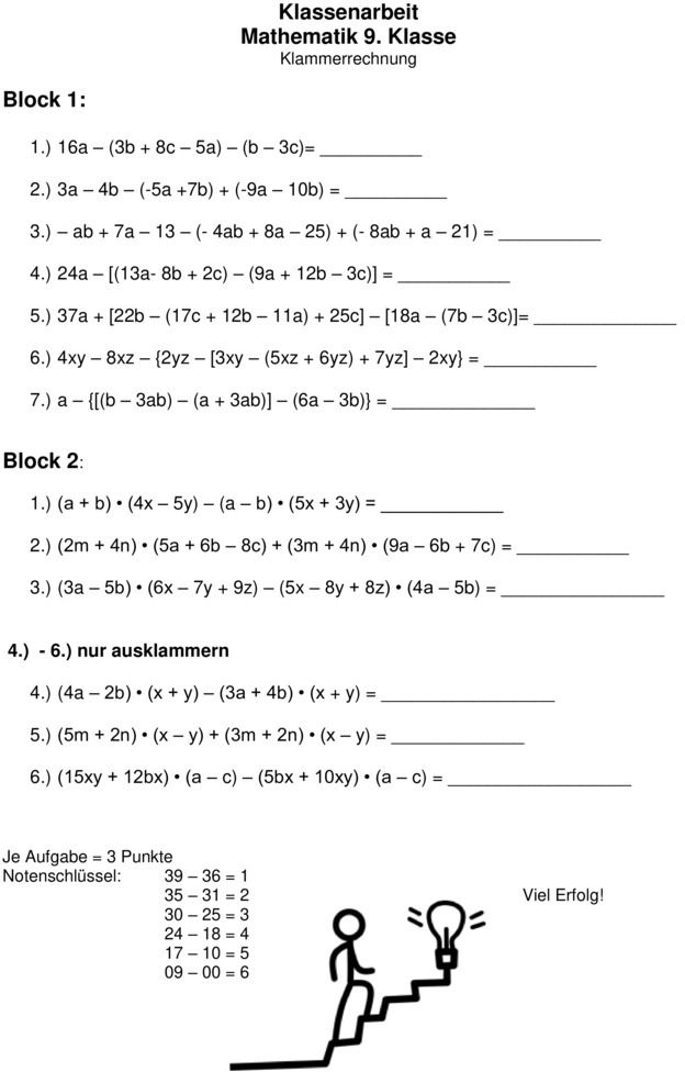 Klassenarbeit zu Terme und Gleichungen 9. Klasse