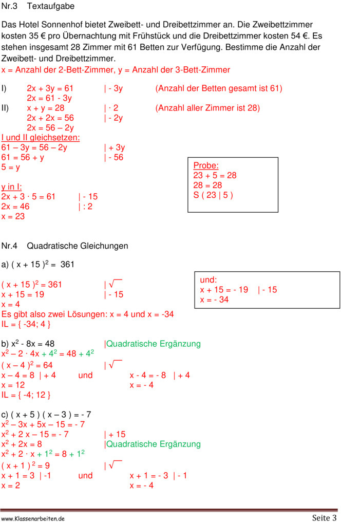 Klassenarbeit zu Quadratische Gleichungen