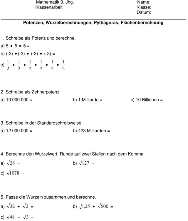 Satz Des Pythagoras Klassenarbeit Klassenarbeit zu Satz des Pythagoras