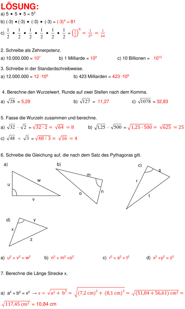 Satz Des Pythagoras Aufgaben Klasse 9 Hauptschule Klassenarbeit zu Satz des Pythagoras