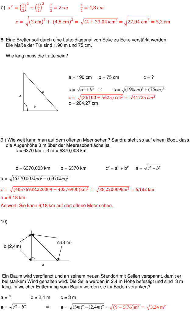 Pythagoras Aufgaben Mit Lösungen Pdf Klassenarbeit zu Satz des Pythagoras