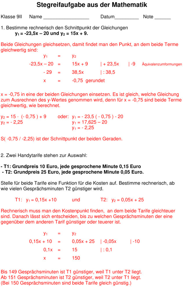 Mathe 9 Klasse Gymnasium Aufgaben Mit Lösungen Klassenarbeit zu Lineare Gleichungssysteme [9. Klasse]