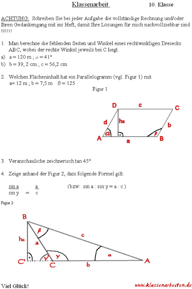 Trigonometrie Aufgaben Und Lösungen Klasse 10 Pdf Klassenarbeit zu Trigonometrie [10. Klasse]