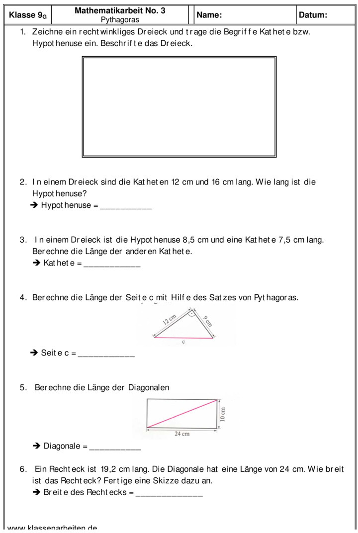 Pythagoras Aufgaben Mit Lösungen Pdf Klassenarbeit zu Satz des Pythagoras