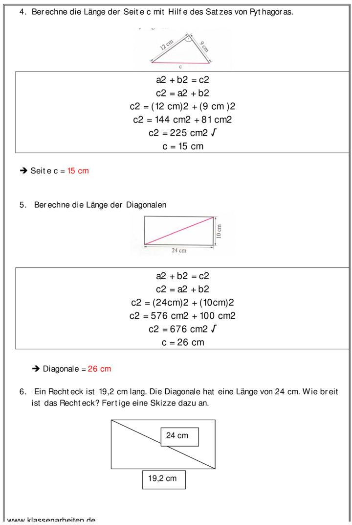 Satz Des Pythagoras Aufgaben Klasse 9 Hauptschule Klassenarbeit zu Satz des Pythagoras