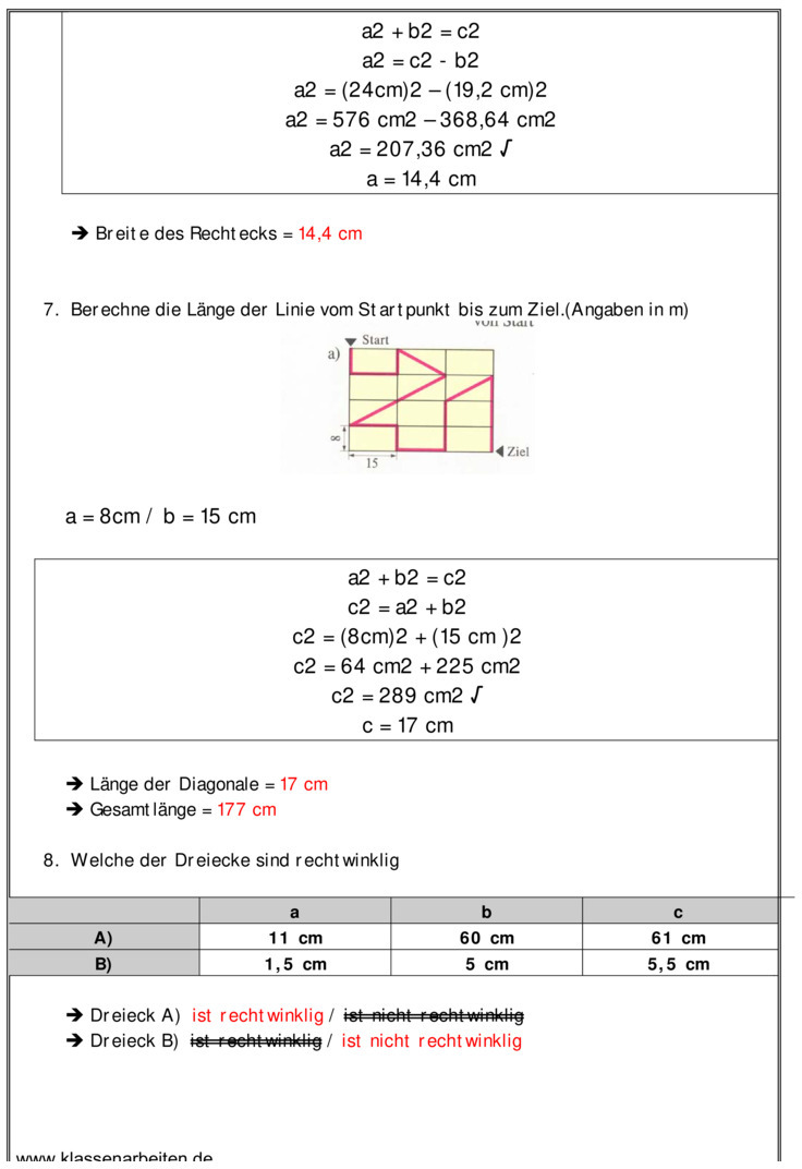 Satz Des Pythagoras Klassenarbeit Klassenarbeit zu Satz des Pythagoras