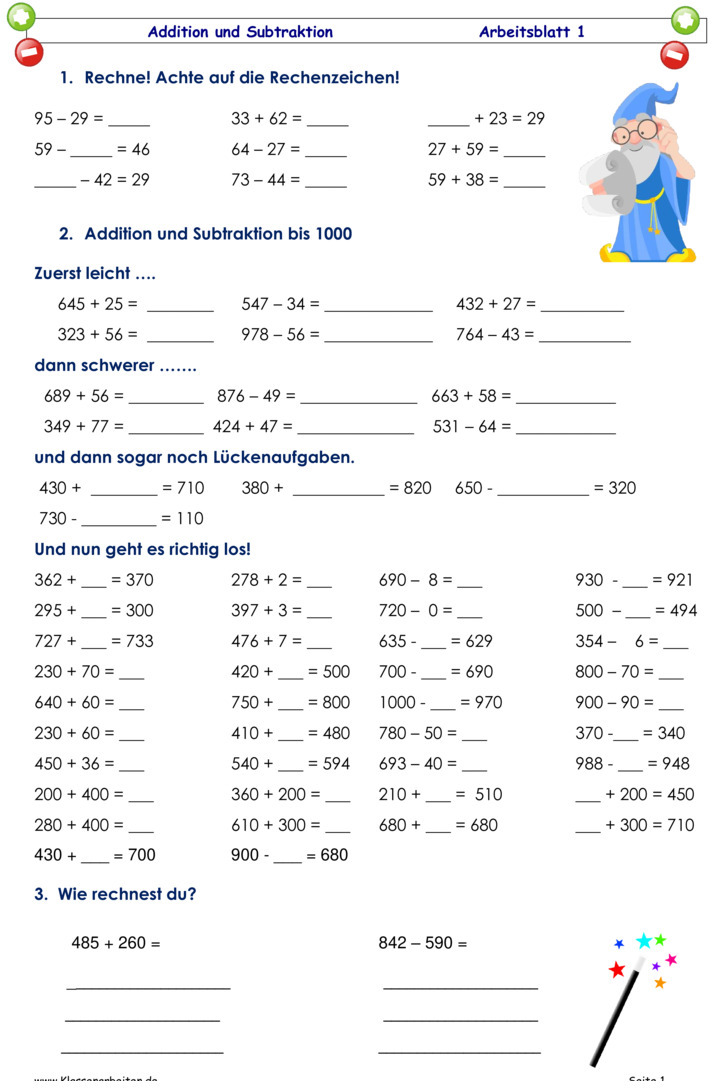  bungsblatt zu addition und subtraktion bis 1000