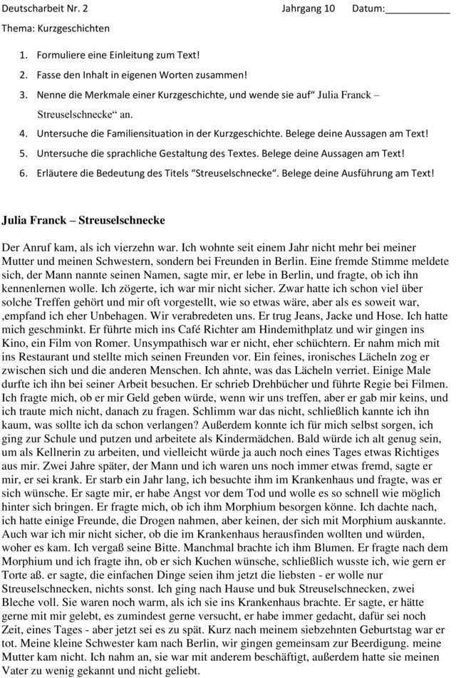Klassenarbeit Inhaltsangabe Kurzgeschichte Klasse 7 Klassenarbeit zu Kurzgeschichten