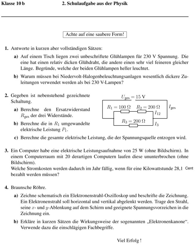 Klassenarbeit zu Elektrizitätslehre [10. Klasse]