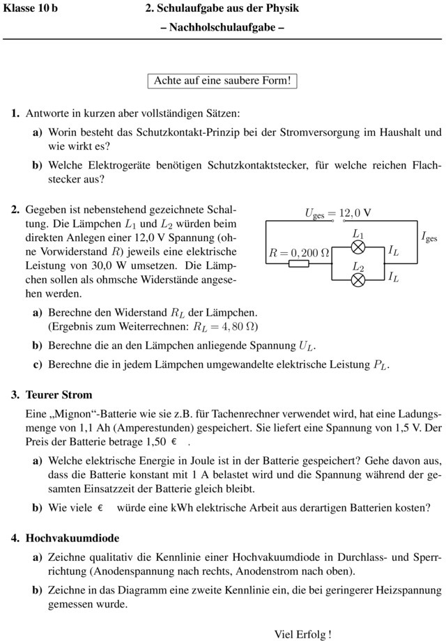 Klassenarbeit zu Elektrizitätslehre [10. Klasse]