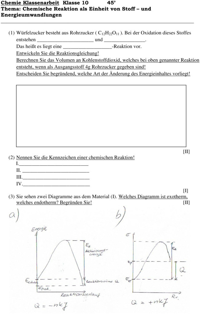 Klassenarbeit zu Chemische Reaktionen [10. Klasse]